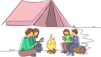 Single continuous line drawing happy family camping with campfire and drinking hot tea. Kids sitting on logs, mom dad sitting on ground in forest. Wild nature. One line draw design illustration png