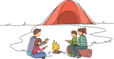 Single one line drawing happy camping or hiking family warm their bodies around campfire tents. Dad and son sitting on ground, mom and daughter on logs. Continuous line draw design illustration png