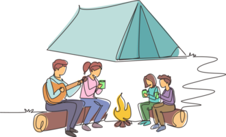 Continuous one line drawing cheerful family camping with bonfire at night. Drinking tea sitting on logs. Father playing guitar and sing song with children. Single line draw design illustration png