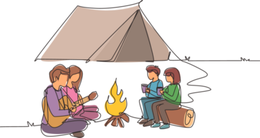 Continuous one line drawing tourist family camping with campfire and drinking hot tea. Kids sitting on logs. Dad playing guitar and sit on ground with mom. Single line draw design illustration png