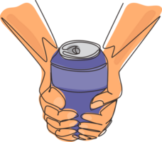 soltero continuo línea dibujo manos participación un metálico lata con un beber. aluminio Enlatado bebida sin etiquetas. bebidas en metal contenedores dinámica uno línea dibujar gráfico diseño ilustración png