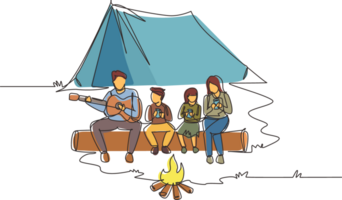 Single continuous line drawing adventure hiker family camping with bonfire. Drinking hot tea sitting on logs. Father playing guitar and sing song with child. One line draw design illustration png