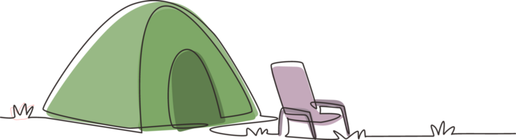 single doorlopend lijn tekening camping tent met stoel. natuur landschap voor reis avontuur reiziger. klimmen, wandelen, hiking, sport, buitenshuis recreatie. een lijn trek ontwerp illustratie png