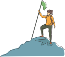 Single one line drawing woman climber standing on top of mountain with flag. Young smiling mountaineer climbing on rock. Adventure tourism trip. Continuous line draw design graphic illustration png