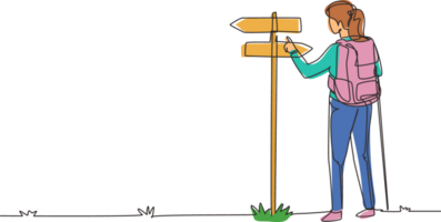 Single continuous line drawing woman hiker standing near direction sign or pointer. Girl with backpacks searching for location. Gets lost on nature. One line draw graphic design illustration png