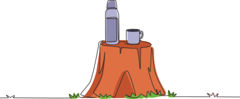 Single continuous line drawing thermos mug with hot drink on log table. Steam comes from the mug. Vacuum thermos stands on tree stump in the wild. One line draw graphic design illustration png