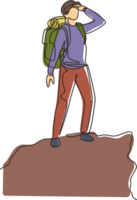 continu un ligne dessin homme promeneur à le Haut de le Montagne à la recherche dans distance. aventure dans montagneux terrain. exploration, randonnée, aventure. Célibataire ligne dessiner conception illustration png