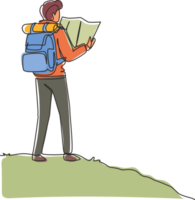 Single continuous line drawing man hiker with backpack and map hiking in mountains or forest and exploring nature. Active outdoor travelling. Dynamic one line draw graphic design illustration png