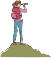 Single one line drawing girl trekking on mountain. Young woman traveling in mountains, standing on top, looking in binoculars. Tourist outdoor scene. Continuous line draw design illustration png
