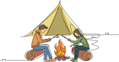 Continuous one line drawing romantic couple summer camp. Man and woman sitting by fireplace on log. Bonfire with marshmallow. Outdoor vacation in forest. Single line draw design illustration png