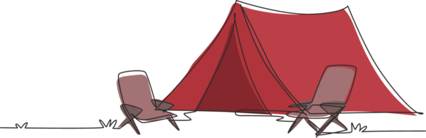 enda ett linje teckning camping landskap med berg. tält med två stol i tall skog på de gräs. sommar camping på natur. kontinuerlig linje dra design grafisk illustration png