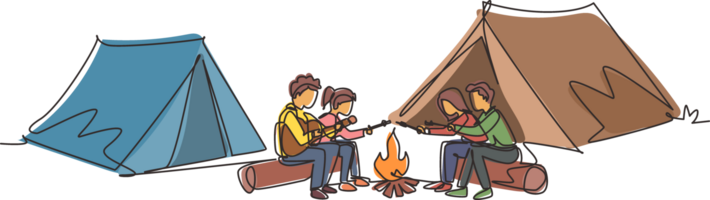 Single one line drawing friends sit on logs by campfire. Young tourists, campers in forest. Students playing guitar, roast marshmallows. Night camping entertainment. Continuous line draw design png