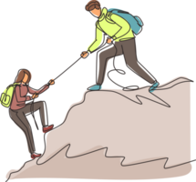 Single one line drawing man woman hikers climbing up mountain and one of them helping to each other with rope, support in dangerous situation to climb. Continuous line draw design illustration png