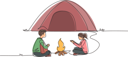 Single one line drawing couple camping around campfire tents. Man woman warm their hands near bonfire, man playing guitar. Nature exploration trip. Continuous line draw design illustration png