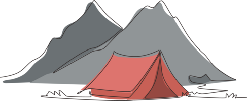 single een lijn tekening avontuur camping nacht landschap. tent, camping, pijnboom Woud en rotsachtig bergen. sport, hiking, camping, buitenshuis recreatie. doorlopend lijn trek ontwerp illustratie png