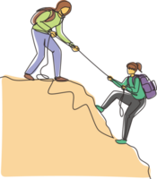 Single continuous line drawing two women hikers climbing up mountain and helping to each other with rope. Business, leadership, achievement and goal concept. One line draw design illustration png