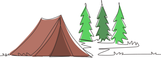 Single one line drawing tourist tent in pine forest, mountains on cloudy sky. Summer camping. Natural outdoor activities. Tent and fire camp. Continuous line draw design graphic illustration png
