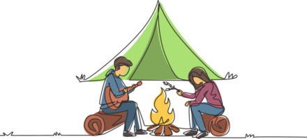 Continuous one line drawing couple summer camp. Man playing guitar and woman sitting by fireplace on log. Bonfire with frying marshmallow. Outdoor vacation. Single line draw design illustration png