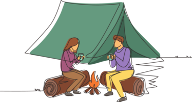 Single one line drawing couple near bonfire, romantic date out of town, camping. Man and woman getting warm near campfire and drinking tea sitting on logs in forest. Continuous line draw design png