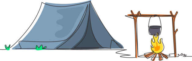 Single continuous line drawing camping site with tent bonfire and pot equipment. Tent, campfire, pine forest and rocky mountains. Adventures in nature. One line draw graphic design illustration png