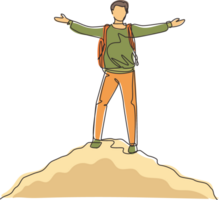 Single one line drawing successful climber man stands with arms outstretched on top of mountains. Male raised his hands up in joy. Achieving success. Guy power. Continuous line draw design png