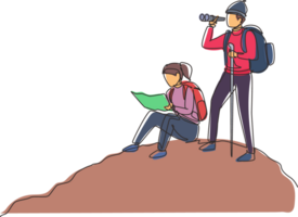 Continuous one line drawing couple man woman hikers with backpacks, binocular, and hiking gear reading route map. Looking for direction, trekking location. Single line draw design illustration png