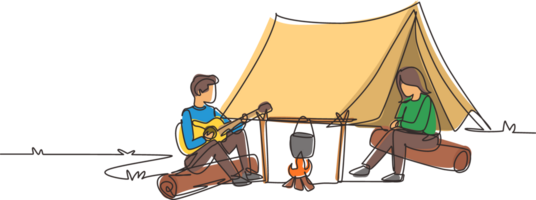 Continuous one line drawing couple hikers sitting on log cooking meals in bowler boiling pot, man playing guitar at campfire near camp tent camping nature mountains. Single line draw design png