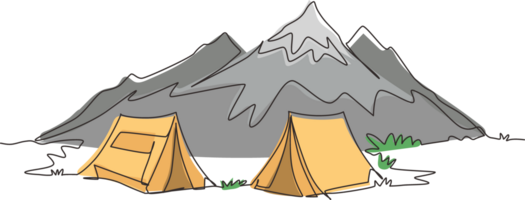 Continuous one line drawing two tents in adventure camping night landscape. Tent camper tourist forest mountain expedition. Travel and vacation concept. Single line draw design illustration png