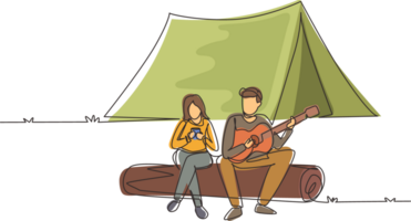 Single continuous line drawing man woman sing song at campsite. Girl drinking tea and guy playing guitar, sitting on logs. Romantic couple dating on camping. One line draw design illustration png