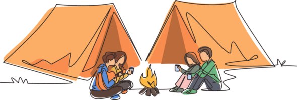 Single one line drawing two couple camping around campfire tents. Group of people sitting on ground, drinking hot tea, man playing guitar, getting warm near bonfire. Continuous line draw design png