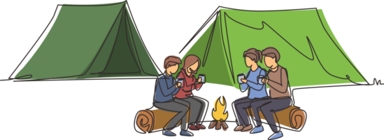 Single continuous line drawing happy two pair man and woman getting warm near campfire. Group of people camping drinking tea sitting on logs in forest. One line draw graphic design illustration png