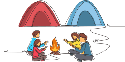 Continuous one line drawing two couple camping around campfire tents. Group of hikers warm their hands near bonfire sitting on ground, man playing guitar. Single line draw design illustration png