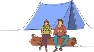 Single continuous line drawing couple sit on log near bonfire, active recreation, romantic date camping. Man woman drink hot coffee getting warm near campfire. One line draw design illustration png