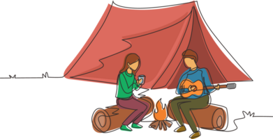 Single continuous line drawing man woman getting warm near campfire. Girl drinking tea and guy playing guitar, sitting on logs. Couple near bonfire, romantic date camping. One line draw design png