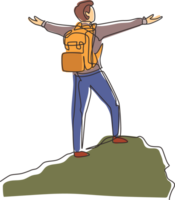 Single continuous line drawing climber man stands with arms outstretched on top of mountain. Winner motivational concept. Tourist with backpack. Traveler in summer rocks. One line draw design png