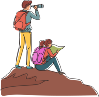 continuo uno línea dibujo Pareja caminantes hombre mujer con mochilas, binocular, y excursionismo engranaje leyendo ruta mapa. mirando para dirección, comprobación ubicación. soltero línea dibujar diseño ilustración png