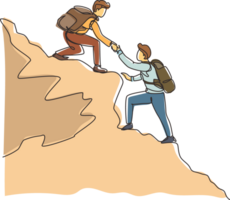 Célibataire un ligne dessin deux Hommes promeneur portion chaque autre sur Haut de Montagne. travail en équipe randonnée Aidez-moi chaque autre confiance assistance. objectif concept. continu ligne dessiner conception graphique illustration png