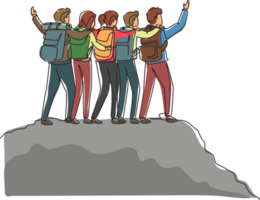 Single continuous line drawing friend group of hikers hugging together for successful reaching top of mountain. Success, achievement and goal concept. One line draw graphic design illustration png