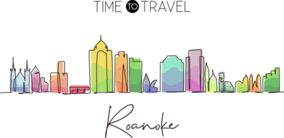 Single one line drawing Roanoke city skyline, Virginia. Historical town landscape in world. Best holiday destination wall decor. Editable stroke trendy continuous line draw design illustration png