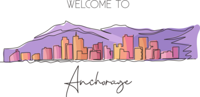 Single one line drawing Anchorage city skyline, Alaska. Famous city for wall decor print. Best holiday world travel destination. Editable stroke continuous line draw design graphic illustration png