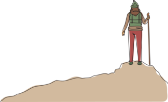 Single kontinuierlich Linie Zeichnung Frau mit Rucksack Stehen auf oben von das Berg. jung lächelnd Bergsteiger Klettern auf Felsen. höchste Punkt. dynamisch einer Linie zeichnen Grafik Design Illustration png