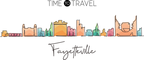 Continuous one line drawing Fayetteville city skyline, Arkansas. World historical town landscape. Best holiday destination postcard print. Editable stroke trendy Single line draw design graphic png
