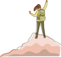 Single one line drawing cheerful woman rising hands after climbing a peak of mountain. Concept of happy success achieving goals theme. Modern continuous line draw design graphic illustration png