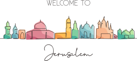 Single one line drawing Jerusalem city skyline, Palestine. Famous holy city for wall decor print. World travel concept. Editable stroke modern continuous line draw design graphic illustration png