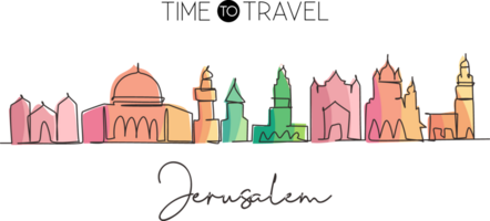 Single continuous line drawing Jerusalem holy city skyline, Palestine. Historical town landscape in the world. Best holiday destination. Editable stroke trendy one line draw design illustration png