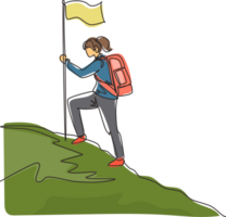 kontinuierlich einer Linie Zeichnung jung Frau mit Rucksack Stehen auf oben von das Berg, weiblich Tourist Wandern auf Natur, Sommer- Ferien Abenteuer. Single Linie zeichnen Design Grafik Illustration png