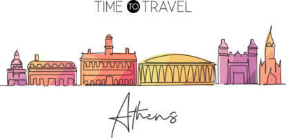 Continuous one line drawing Athens city skyline, Ohio. Beautiful landmark. Beautiful world landscape tourism travel wall decor poster, postcard. Single line draw design graphic illustration png