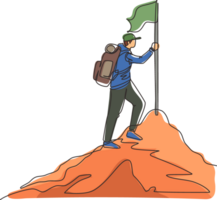 Continuous one line drawing climber in uniform with flag on snowed mounts peak. Happy man climber reached mounts summit enjoying picturesque view. Single line draw design graphic illustration png