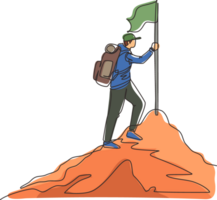 continuo uno línea dibujo trepador en uniforme con bandera en nevado monta cima. contento hombre trepador alcanzado monta cumbre disfrutando pintoresco vista. soltero línea dibujar diseño gráfico ilustración png