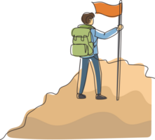 Single kontinuierlich Linie Zeichnung heiter Mann Bergsteiger Stehen auf das oben von Berg mit Flagge. jung lächelnd Bergsteiger Klettern auf ein Felsen. dynamisch einer Linie zeichnen Grafik Design Illustration png